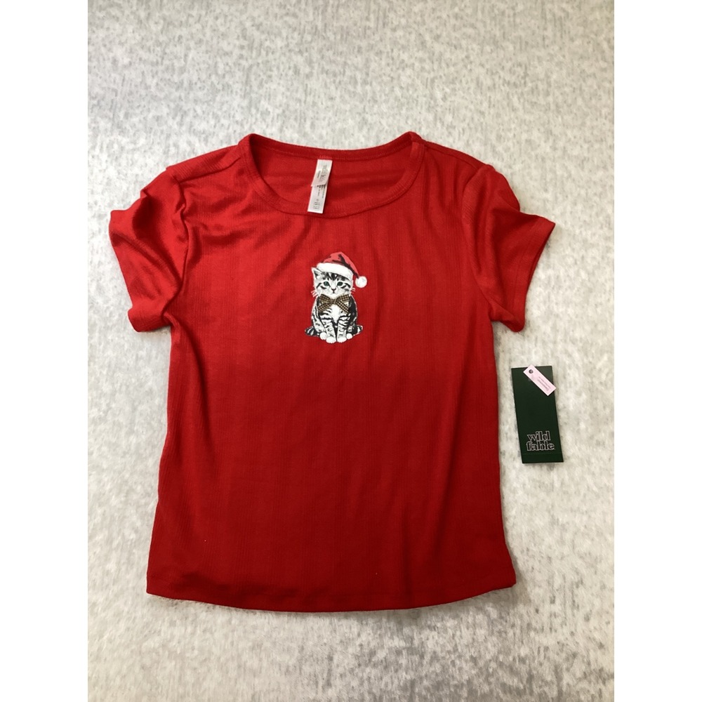 Wild Fable Red‎ Ribbed Christmas Kitten Pajama Top Santa Cat Graphic Shirt Small